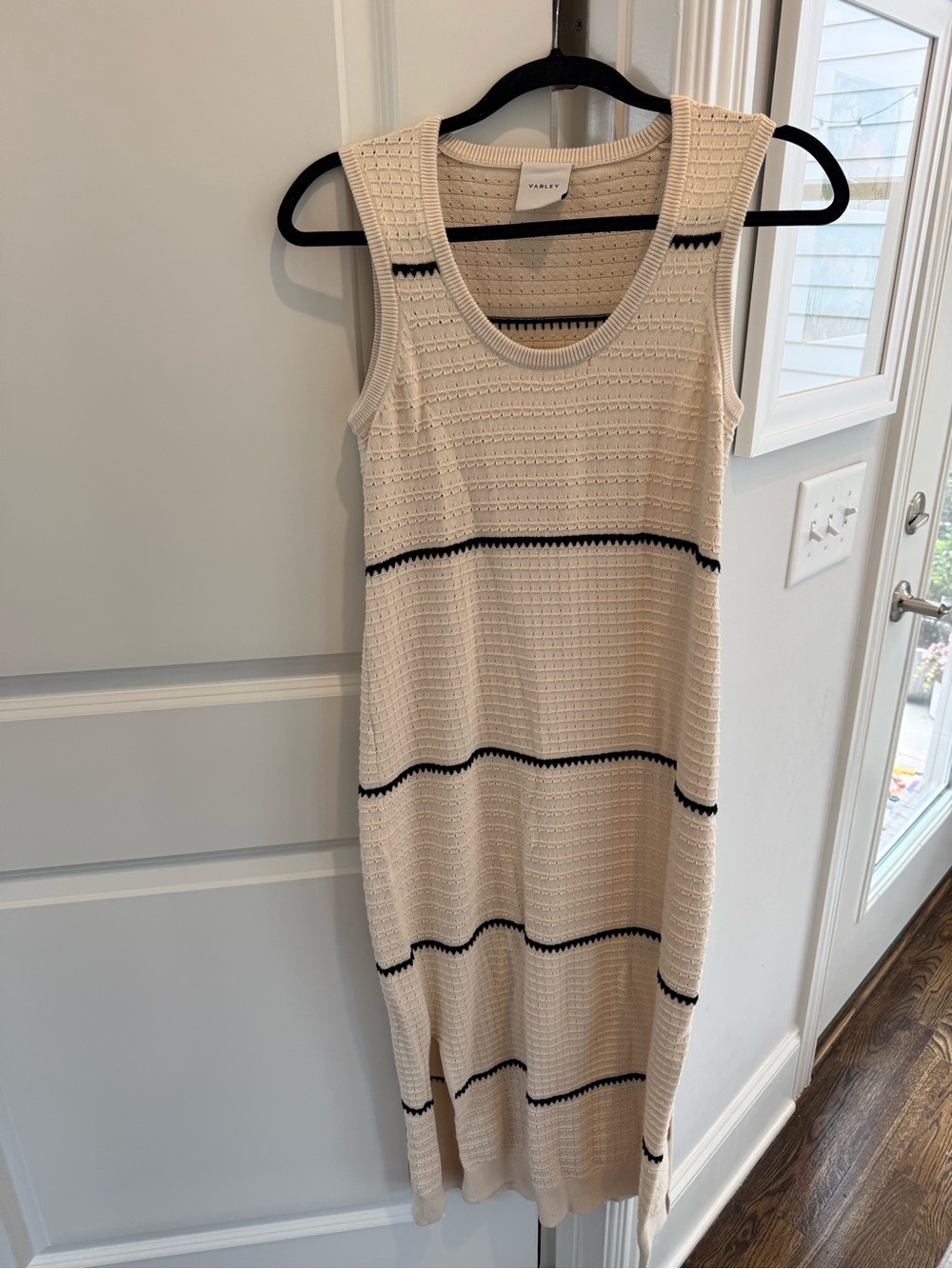 Varley Scott Scoop Knit Dress XS Cream Knit MIDI Dress with Black Stripe Details